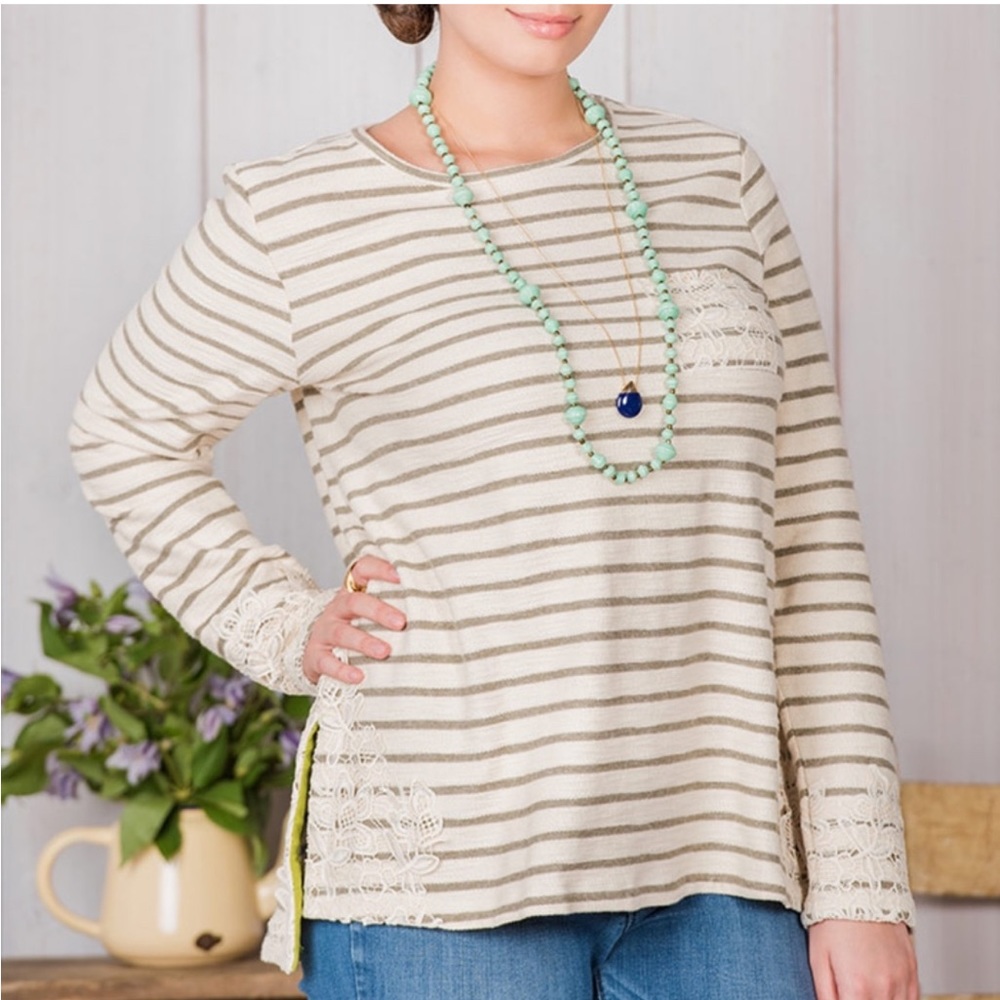 MATILDA JANE Striped Pullover With Lace Accents Large